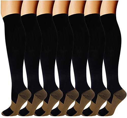 Double Couple 7 Pairs Copper Compression Socks for Men Women Knee High Stockings Support Socks for Sports