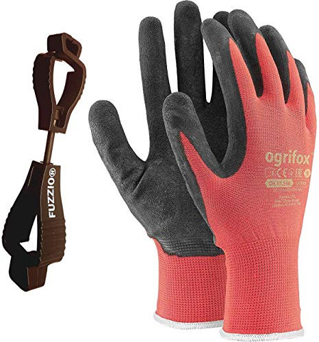 FUZZIO 24 pares de guantes de trabajo recubiertos y porta clip para guantes (L - 9, Rojo)