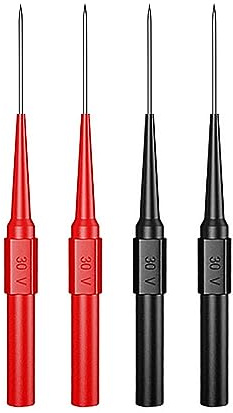Cleqee 4PCS Automotive Back Probe Pins Wire Piercing Test Probes | 4mm Female Socket, 0.7mm Puncture Needle, 30V/10A, For Small IC Pins Electronic Testing Red&Black