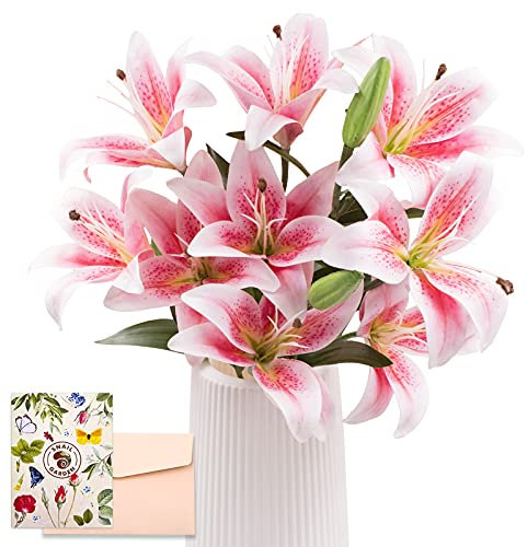 SNAIL GARDEN 12 Heads Artificial Lily Flowers - Long Stem With 9 Full Bloom & 3 Buds - Faux Tiger Lily Bouquets for Home, Hotel, Party Decor (Pink White)