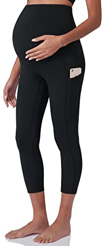 POSHDIVAH Capri Women's Maternity Workout Leggings Over The Belly Pregnancy Yoga Pants with Pockets Soft Active Wear Work Pants Black Large