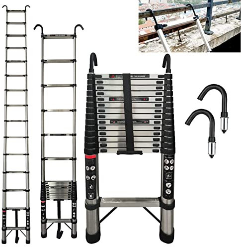 Telescopic Extendable Ladder 4.4 m (14.4FT) Stainless Steel With Detachable Hooks - Portable Collapsible for Attic, Loft, RV, Roof - Max Load 330Lbs