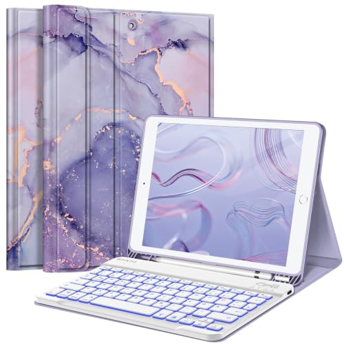 FINTIE Hülle mit Tastatur für iPad 9./8./7. Generation (10.2 Zoll) | 7 Farben Beleuchtete, Magnetisch abnehmbare, deutsche Bluetooth-Tastatur, Schutzhülle mit Stifthalter, Marmor Lila