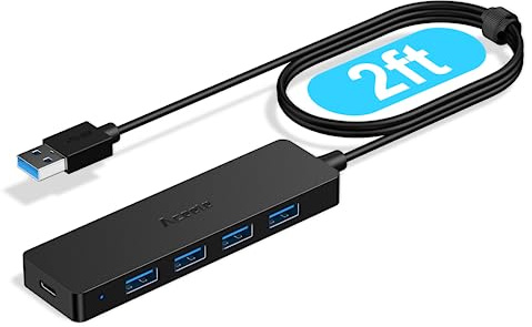 Aceele USB Hub 3.0, Ultra Slim USB Splitter 4 Port Multiport Expander (2FT) | 4* USB-A, with Type-C Power Port, 5Gbps Data Transfer, Multiport Expander for PC, Laptop, Xbox, PS5, Keyboard, Mouse, etc.