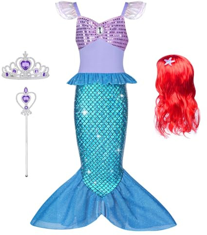 AOOWU Deguisement Robe Petite Sirene Princesse Costume avec Perruque pour Enfant Fille, Robe Inclus Couronne avec Baguette Magique pour fête d'anniversaire Halloween Carnaval,130CM