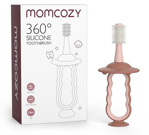 Momcozy Baby Toothbrush, 360° Tooth Brush for Infant, Ultrasoft Toddler Toothbrush with Suction Base, Baby Oral Cleaner, Infant Tongue Cleaner, Pink