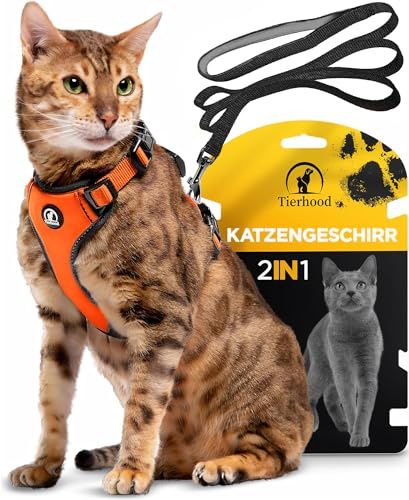 Tierhood Katzengeschirr mit Leine [Neue, LEICHTE Version] - Orange, Größe M | Katzenleine mit Geschirr für Katzen & Kitten - Kontrollierte Freiheit - Mit strahlenden Reflektoren