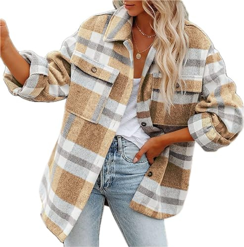 LEKOPUR Rutiga flanellskjortor för kvinnor långärmad shacket kvinnor rutig skjorta blusar vardagliga toppar cardigan höst vinter jacka kappa, BEIgE, S
