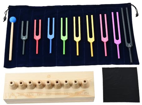 DRELD Buntes Solfeggio Stimmgabel Set mit Holzständer＋Hammer＋9 Stimmgabeln＋Tuch aus Aluminium für Heilmeditation Yoga Entspannung (174HZ, 285HZ, 396HZ, 417HZ, 528HZ, 639HZ, 741HZ, 852HZ, 963HZ)