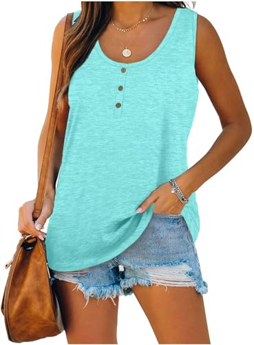iChunhua Long Vest Tops for Women Sleeveless Button Down Scoop Neck Summer Tank Top Green Medium