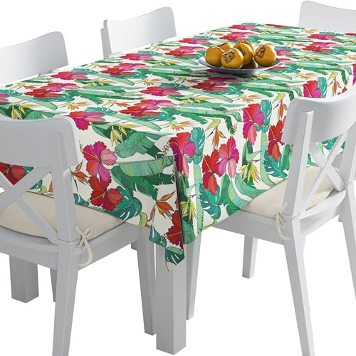 HEKO PANELS Tischdecke 140 x 240 cm Abwaschbar Tischtuch Gartentischdecke Fleckschutz Wasserabweisend Tafeldecke Hibiskus Bananenblättern