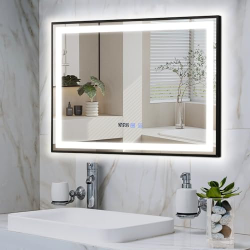 YOURLITE Miroir de Salle de Bain avec Éclairage LED 60x80cm, Fonction Antibuée, Couleur et Luminosité Réglables, avec Affichage Heure et Température, Montage Mural Horizontal Noir