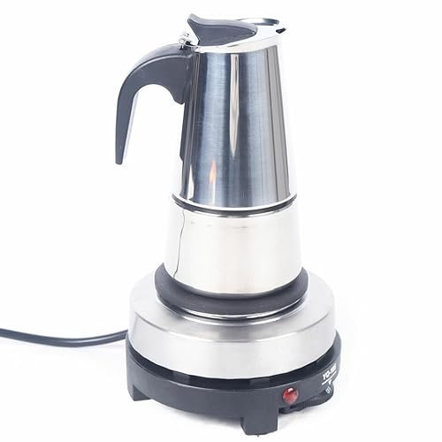 KLOOLIVE Caffettiera elettrica in acciaio inox, 220 V, con fornello elettrico, 200 ml, 4 tazze