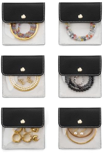 Popvibe 6 Pcs Jewelry Bags Clear Mini Pouch Small Jewelry Pouches for Traveling Leather Portable Travel Jewelry Organizer and Storage Bag for Earrings, Necklace, Black