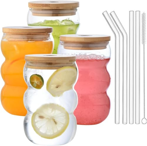 VITEVER 4 Pack 550ML Iced Coffee Glasses, Bubble Drinking Glasses Tumblers with Lid - Glass Cups Mini Cute Ripple Shaped Vintage Ribbed Glassware- Cocktail, Water, Soda, Juice, Milk
