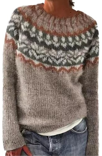 SCBFDI Norweger Pullover Damen, Fair Isle Pullover Damen Elegant Rundhals Pullover Basic Langarmshirt Bunte Strickpullover Casual mit Aufdruck GroßE GrößEn Warm Winter Jumpers