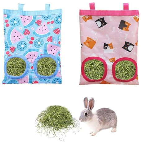 NHQ 2 Pcs Bolsa de Heno de Conejo,Bolsa Heno Cobaya,Henera para Conejos,Bolsa de Alimentación de Heno,Comedero Conejo,Utensilios para Alimentación de Animales Domésticos,2 Agujeros