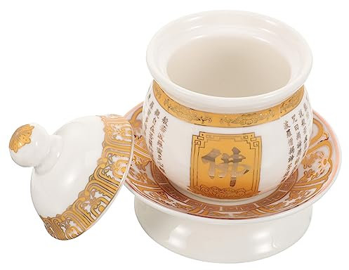 FELTECHELECTR Keramik Wasseropferbecher Lotus Motiv Glatte Oberfläche Langlebig Mit Deckel Und Tablett Heiliger Tempelbecher Für Buddhistische Rituale Und Hausaltar Dekorativ