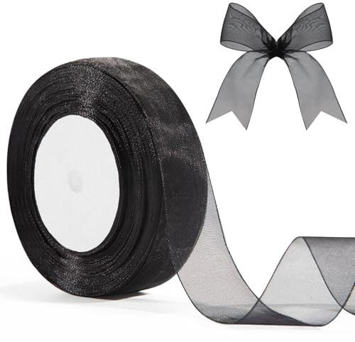 Schwarz Organzaband Geschenkband 25mm 46m Geschenkverpackung Schwarzes Verpackungsbänder Geschenkbänder Schwarz Tüll Bänder Zum Basteln für Kleid Hochzeit Taufe und Geburtstag Geschenke Blumen