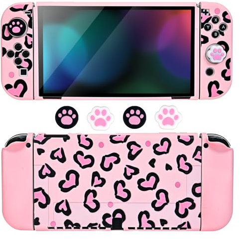 DLseego Coque de Protection pour Switch OLED,Housse Souple pour Switch OLED avec Impression de Coeurs d'amour avec 2 Coques pour Joycon et 4 Capuchons de Poignée de Pouce,Rose Switch OLED
