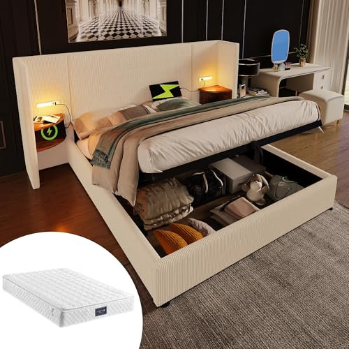 Polsterbett mit Matratze, Doppelbett 160x200 mit Nachttisch, Leselampe und USB Type-C Ladefunktion, Bettanlage Stauraumbett Jugendbett Funktionsbett mit Stauraum & Lattenrost, Beige-Weiß, Cordstoff