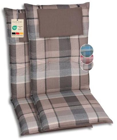 GO-DE Textil Bequeme und attraktive Polsterauflagen für Hochlehner-Gartenstühle (2er-Set, Karo braun, Hochlehner)