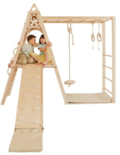 Wood And Hearts Indoor Spielplatz – Spielturm mit Rutsche & Schaukel – Klettern Kinder Indoor, Kletterwand & Baby Rutsche – Baby Klettern Indoor