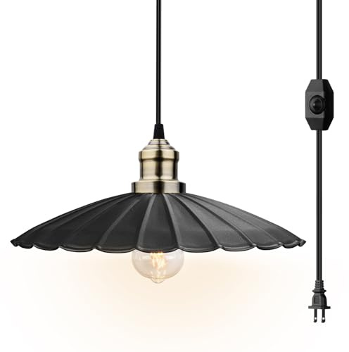 Plug in Pendant Light Stepless Dimming Hanging Lamp Lotus Leaf Lampshad, Industrial Hanging Light with 5.9ft Cord Metal Hanging Lamps for Living Room, Kitchen, Dining Room, Bedroom (Black)
