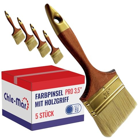 Chle-Mar 5X Pro Maler Pinsel (Flach) 3,5 für präzises Streichen | Lackierter Holzgriff, Wiederverwendbarer Breiter Malerpinsel für Lasur & Öl, Paint Brush für Holzlasur, Wandfarbe, Holzfarbe