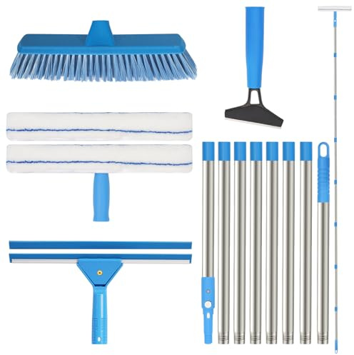 3M Telescopic Window Cleaning Kit - Extendable Pole with 35cm Squeegee & 38cm Scrubber for Windows, Shower Glass, Car, RV,Glass Cleaning Tools with Silicone Squeegee & Microfiber Scrubber (New blue)