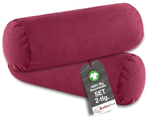 BaSaTex Bio Kissenbezug Nackenrolle, 2er Pack, 40x15 cm, Bordeaux | 97% Baumwolle, GOTS-Zertifiziert, 3% Elasthan, BIO Bezüge für Nackenrollen 40x15 cm