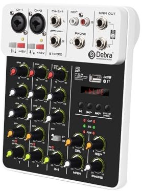 Mesa de Mezclas, Consola de DJ V4 Mixer de 4 canales portátil con alimentación fantasma de 48 V y USB con tarjeta de sonido for PC, grabación y canto(V4 White Type)