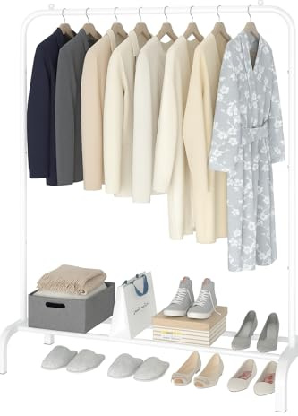 raxter Metal Clothes Rail with Shoe Rack, White, 110 cm Wide x 150 cm High x 40 cm Deep, Freestanding Garment Storage