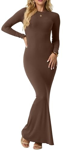 IWOLLENCE Bodyconklänning damer långärmad maxiklänning elegant figurnära ribbad klänning rund hals lång tajt klänning sexig maxiklänning, kaffe, S