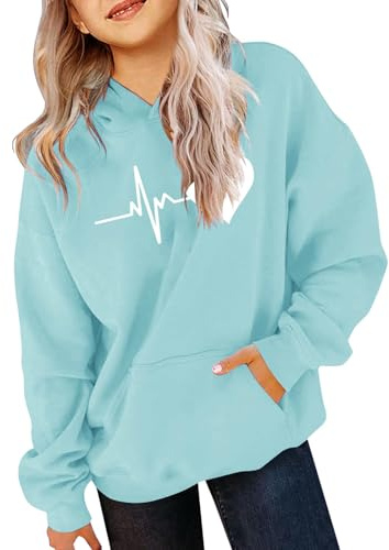 Mjjsk Flickor huvtröjor hjärtan grafisk lätt tröja barn långärmad skola ledig mysig tröja med huva snygg söt pullover topp, BLÅ, 13-14 Years