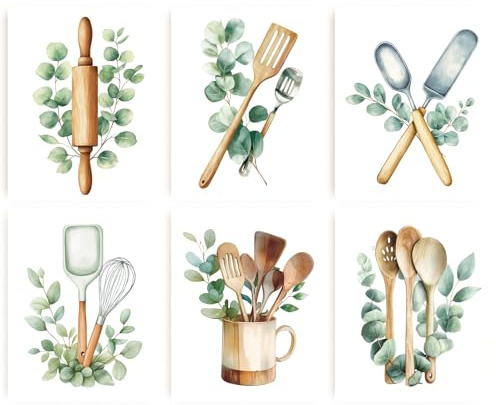 INFUNLY Juego de 6 lienzos de cocina botánicos para pared, 20,3 x 25,4 cm, hojas de eucalipto verdes, póster de fotos y cucharas, volteador, lienzo, arte de pared, sin marco, estilo bohemio, para