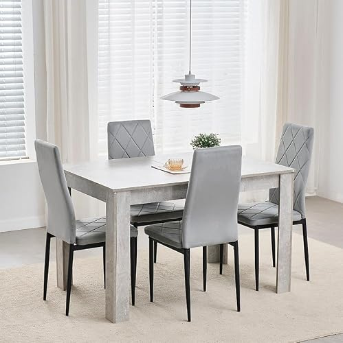 Menaka Wood Dining Table and Chairs Set of 4, Small Rectangular Kitchen Dinner Table with 4 Seaters (argyle grid grey velvet chairs, 110cm grey marble table, 4 seaters)