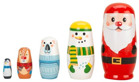 Qiwieod Weihnachts Matrjoschka Puppen - 5-Teilige Weihnachts Holz Stapeldekoration - Weihnachtsmann Elch Verschachteltes Spielset - Für Kleinkinder Erwachsene Mädchen Party Mitgebsel Zuhause