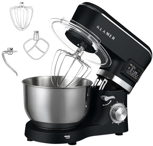 KLAMER Classic Küchenmaschine 1400 W mit 5,5 L Edelstahlschüssel | Knetmaschine mit planetarischem Rührwerk verarbeitet schwere Brotteige mühelos, arbeitet gleichmäßig mit Fermentierfunktion