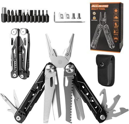 Multiherramientas, Alicate Multiuso 17 en 1, Acero Inoxidable, para Camping, Reparación, Incluye Bolsa Portátil (17 funciones: alicates, abrebotellas, destornillador, cuchillo, sierra, etc.)
