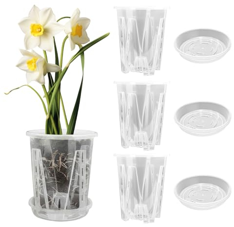 Turmegtt 3er-Set Orchideentopf 14cm, Kunststoff Blumentopf mit Untersetzer | Luftdurchlässige Geschlitzte Anzuchttöpfe Blumenübertopf für Pflanzen und Blumen im Innen und Außenbereich,1.3L Orchideentopf