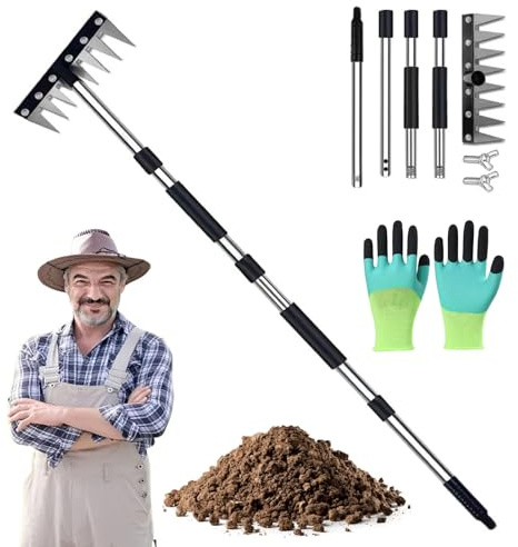 Évolutif Rateau de Désherbage, 8 Dents Râteau De Désherbage avec Longue Poignée, Râteau Désherbant Ultra-Efficace Renforcé, pour Le désherbage, Le Travail du Sol et l'aération du Sol (8 Dents)