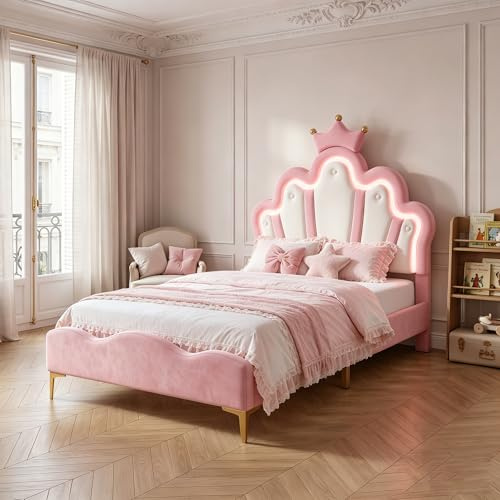 Barnsäng för flickor, 90 x 200 cm, prinsesssäng med LED-belysning, kronformad höjdjusterbar sänggavel, vadderade enkelsängar för flickor, tonåringar, ribbotten, PU