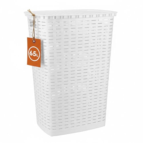 Kunststoff Wäschekorb in Rattan Optik 65 Liter - weiß - Wäschebox mit Deckel und Tragegriffen - Wäschetruhe Wäschesammler Wäschetonne mit Griff feuchtraumbeständig