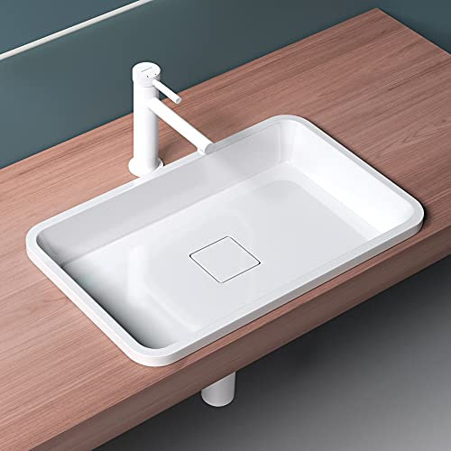Mai & Mai Lavabo da Incasso 53x33x10.5cm, Lavandino Bagno da Appoggio Rettangolare da Minerale Fuso, Bianco Lucido, Colossum104