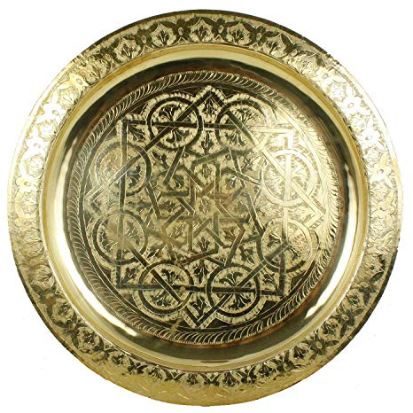Casa Moro Marokkanisches Serviertablett rund Karam Ø 30 cm aus Messing | Orientalisches Teetablett Farbe Gold | Echtes Kunsthandwerk aus Marrakesch | Tablett für kreative Dekoration Ideen