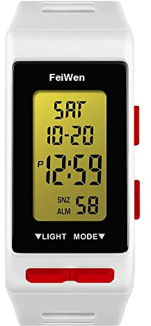 FeiWen Unisex Digital Uhren Outdoor Sport Multifunktional Rechteck Plastik Herren und Damen Armbanduhren mit Kautschuk Band LED Doppelte Zeit Alarm Countdown, Weiß