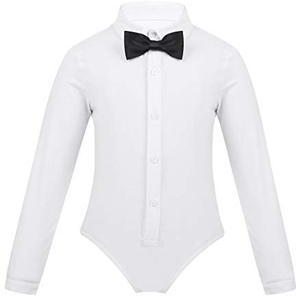 YiZYiF Unisex Jungen Body Langarm Strampler Overall Slim Fit Hemd mit Fliege Tanz Hemd Langarmbody für Latein Tanzkostüm Weiß 128