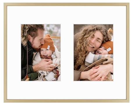 Frametory - 11x14 Aluminum Collage Picture Frame - Display 5x7 Pictures with 2 Openings Mat - Real Glass Front - Horizontal/Vertical Wall Mount - Gold 1 Pack