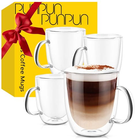 PunPun Large Coffee Cup Set of 4, Glass Mugs for Hot Beverages & Iced Coffee, Double Wall Glass Coffee Mugs